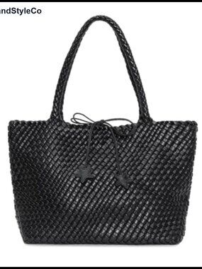 Faux Leather Woven Tote Handbag Set with Pouch Large Handwoven Shoulder Purse